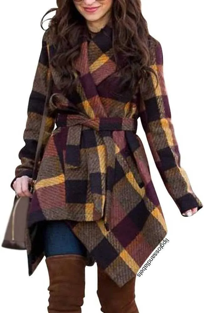 Winterjacke Damen Reversschal Erdfarbe Warme Mode Flauschige Wollmischung Karierter Mantel 2R4SO