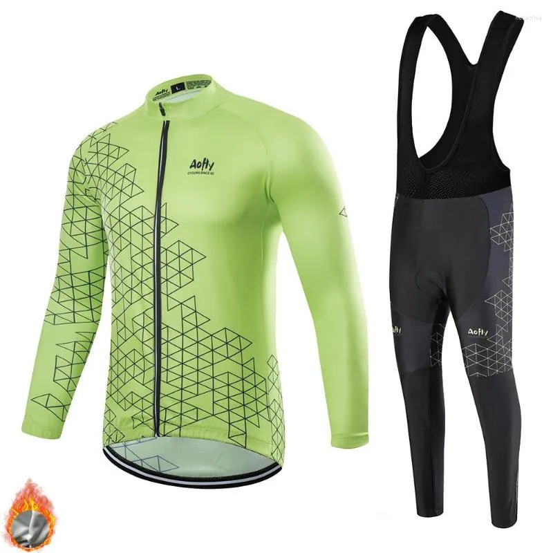 Racing sets Italië man winter fietsentrui lange mouw set gele thermische fleece sportkleding herfst fiets mtb met gelbroeken