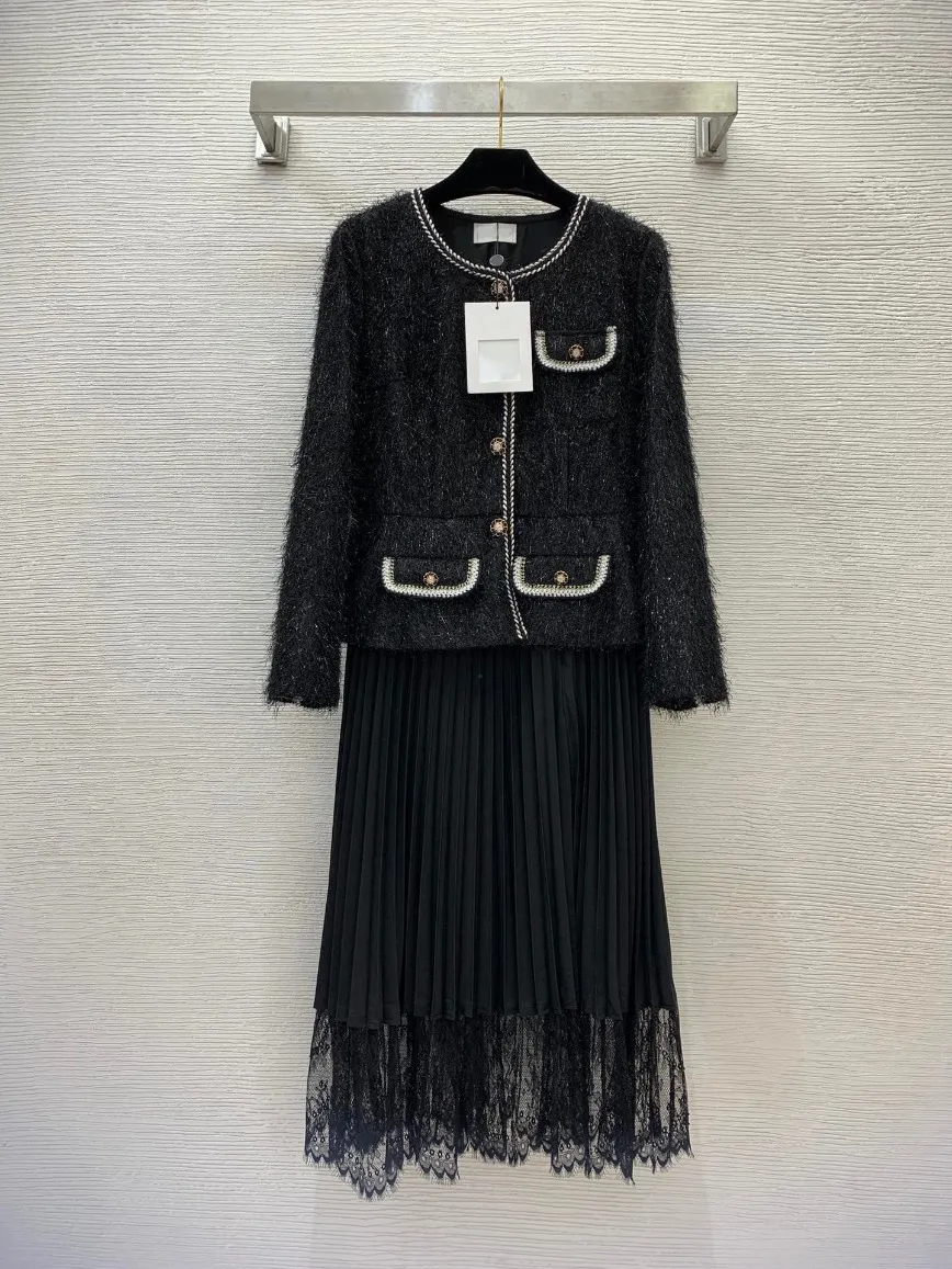 가을 검은 색 대비 컬러 레이스 패널 직조 트위드 드레스 긴 슬리브 둥근 목 목마 미디 캐주얼 드레스 B3N101756