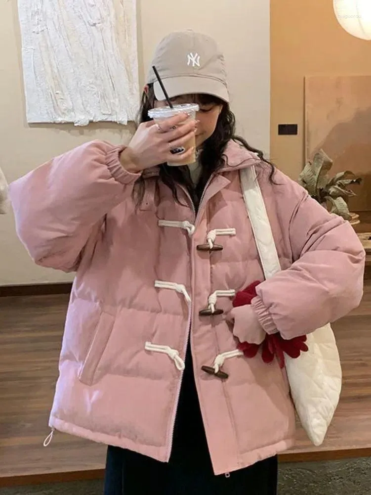 Trench da donna Donna Inverno Fibbia in corno Parka Stile college Cappotto in cotone addensato Giacca calda imbottita rosa Capispalla termica casual