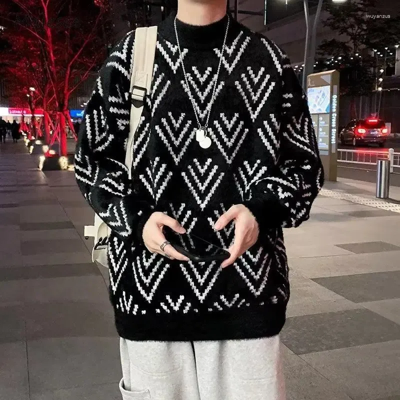 Мужские свитера жаккардовые мужские свободные повседневные корейские стили Уютная уличная одежда Модный минималистский пуловер в стиле ретро Эстетичный осенне-зимний молодежный