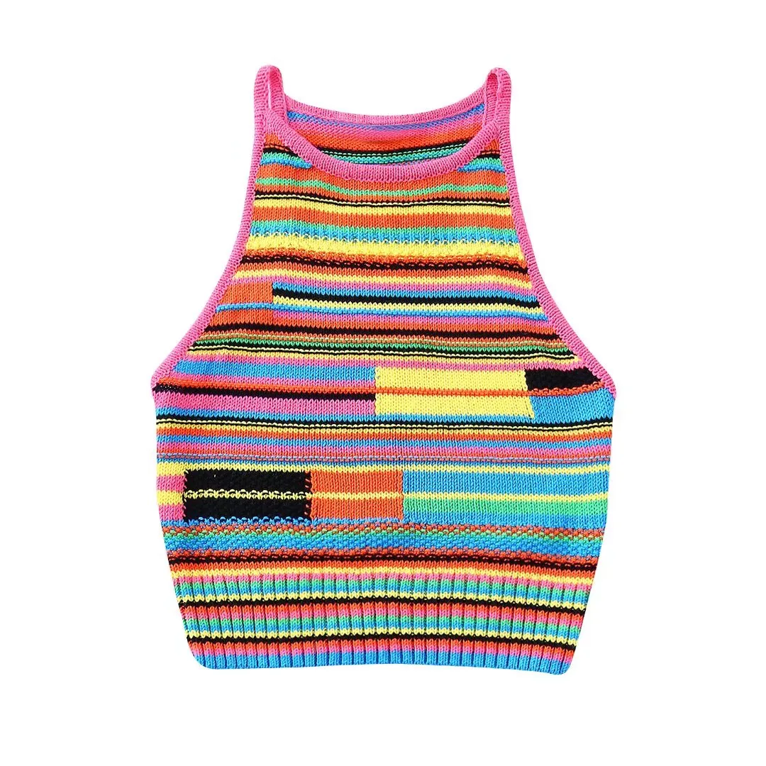 Damen-Neckholder-Tanks mit Regenbogen-Farbverlauf, ärmellose Strick-Cami-Crop-Top-Weste