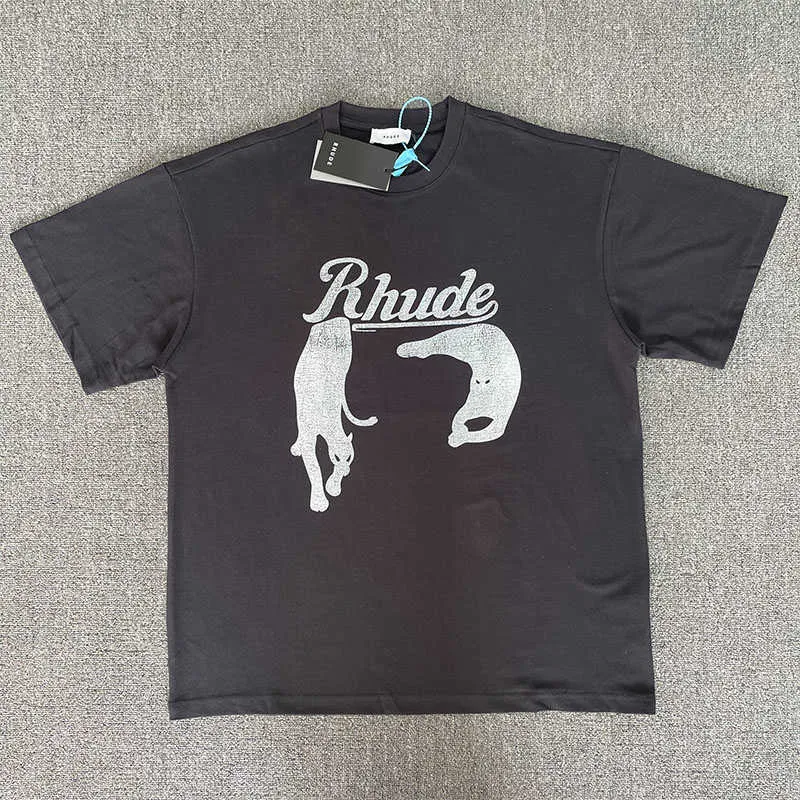 Rhude T-shirt Designer Original Quality Night Cat Print High Street Loose Fitting T-shirt Summer Mens Womens Loose Streetwear