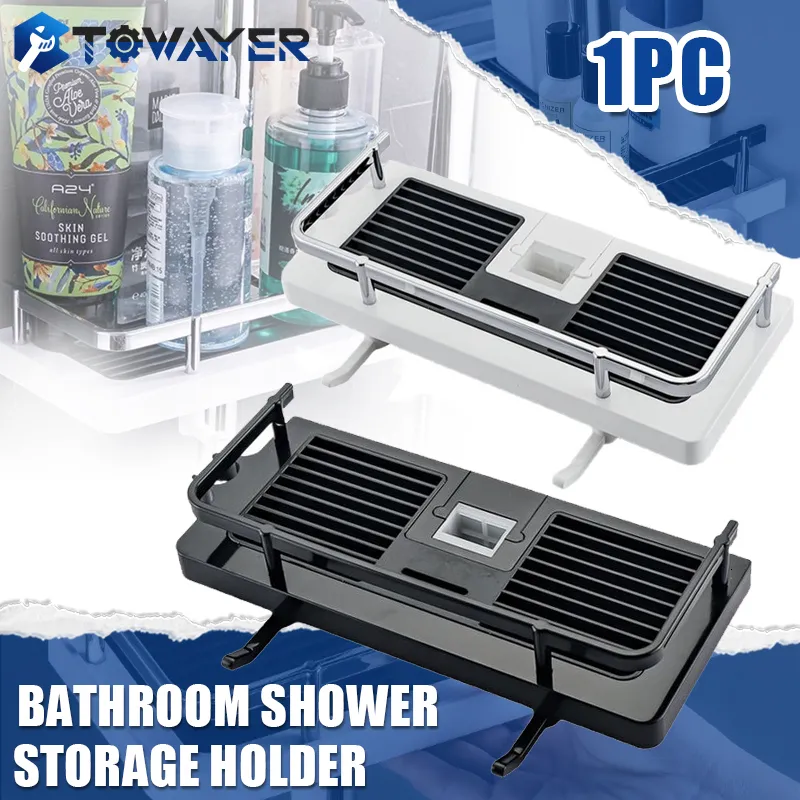 Bathroom Shelves Shower Storage Holder Shelf Pole Shampoo Tray Stand No Drilling Lifting Rod Head Rack Organizer 230419