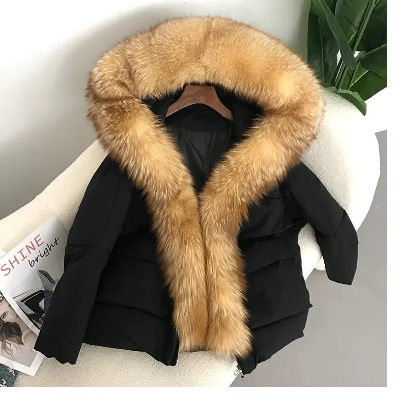 Women's Fur Faux 2023 Winter Women Real Collar Hooded White Duck Down Long Jacket Female Thick Warm Coat Luxury Loose Fashion 231120