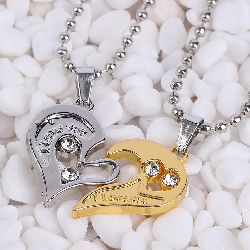 loving couple A pair of heart-shaped diamonds necklace Couple Friendship Puzzle CZ Love Matching I love you Heart Pendants Set