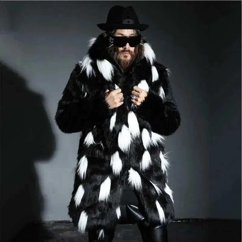 남자 재킷 겨울 패션 남자 여우 모피 코트 가짜 모피 슬림 가죽 재킷 캐주얼 후드 스플 라스 롱 오버 코트 섹션 플러스 크기 s ~ 4xl 231118