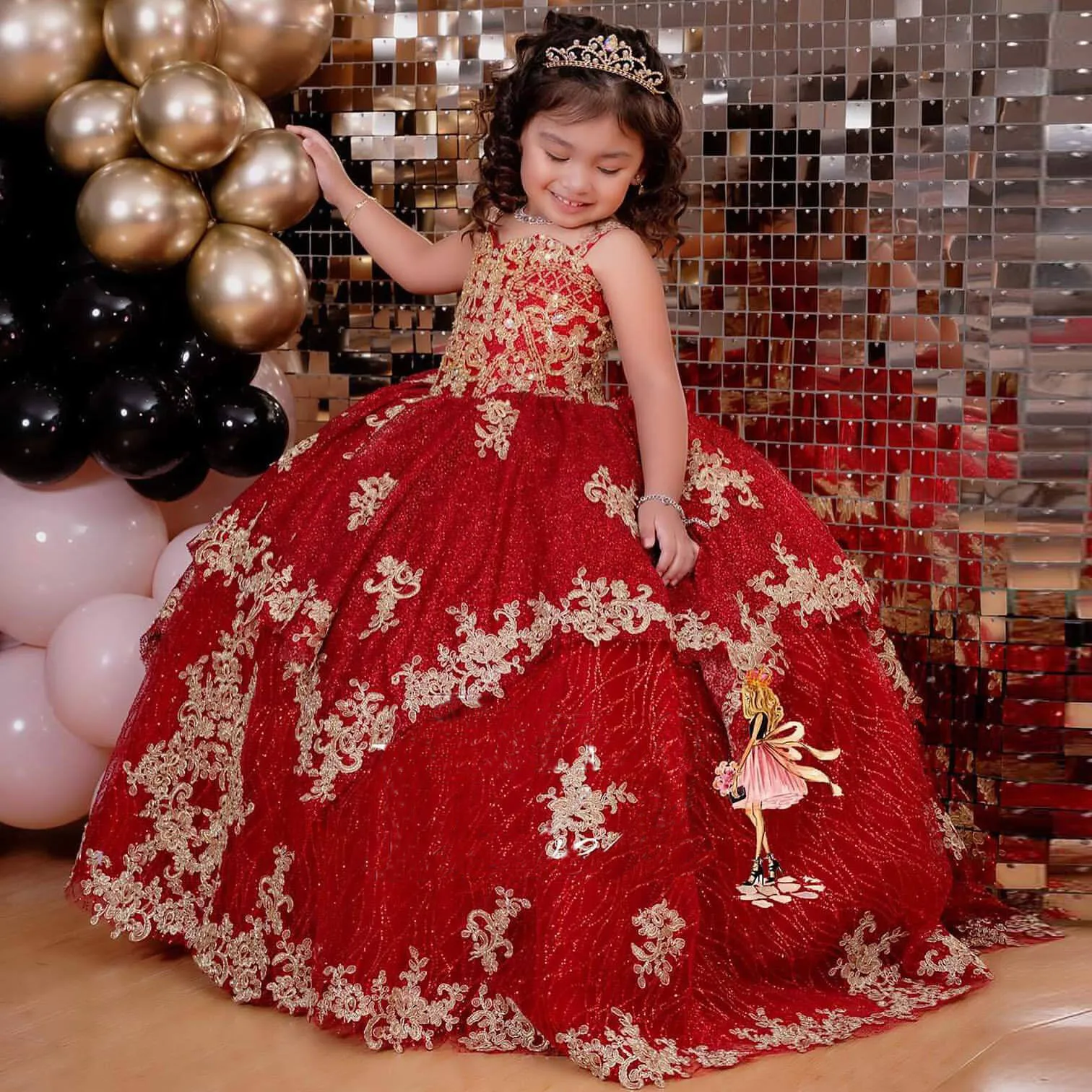 Abito da ballo rosso con paillettes di lusso per bambine, abito da ballo per spettacolo per bambine, abiti da festa per ragazze di fiori, abiti da compleanno