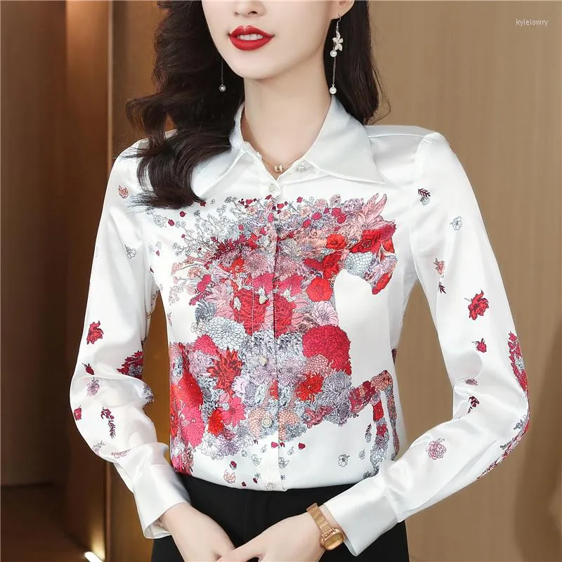 Women's Blouses 4XL Satin Silk Flower Long Sleeve Top Women Shirts And Elegant Office Ladies Work Shirt Spring Summer Blusas Para Mujer