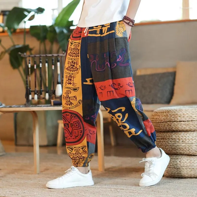 Men's Pants Cotton Linen Harem Men Joggers Retro Print Dstring Trousers 2023 Summer Autumn Loose Streetwear Hip Hop Casual