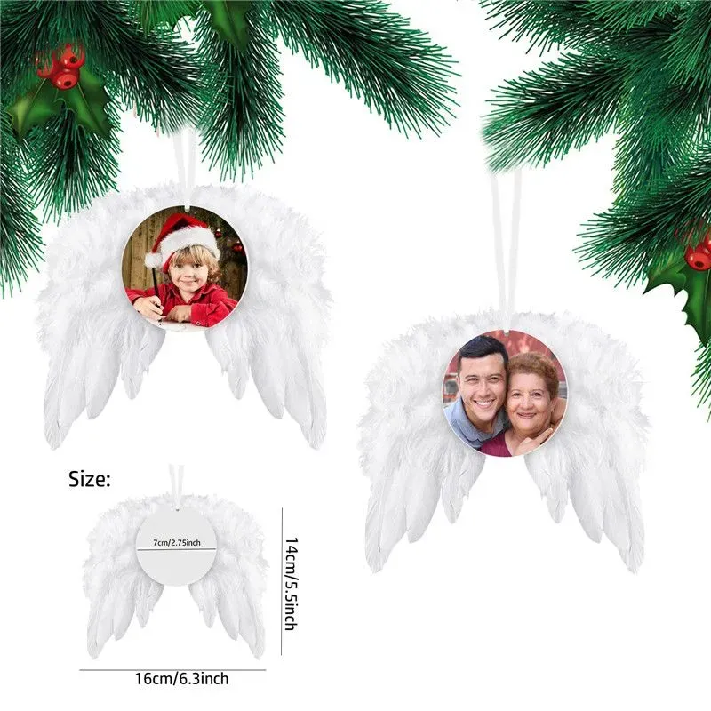 Heat Transfer Angel Wings Christmas Decoration Feathers Pendant Round And Heart Double layer DIY Christmas Tree Hanging Tag 1027