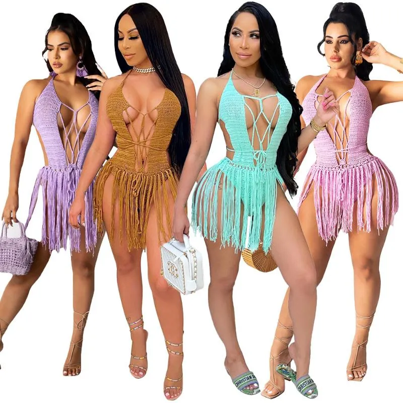 Menas de banho feminina Sexy Backless Backless Tassel Cover vestido de praia Halter de verão Mini Mulheres Mulheres Clubes de Clubes de malha Roupa Clothwome