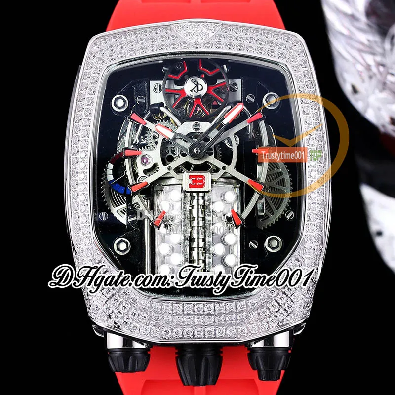 Bugatti Chiron Tourbillon Autoamtic Mens Watch 16 Cylinder Engine Skeleton Dial Iced Out Diamonds inlay Case Red Markers Rubber Band trustytime001Watches BU200.30