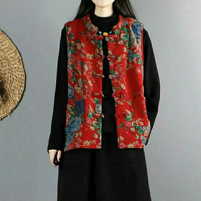 Gilets pour femmes Automne Hiver Lâche Rétro Littéraire Femmes Vêtements Chinois Traditionnel Tops Impression Coton Lin Manteaux Ethnique