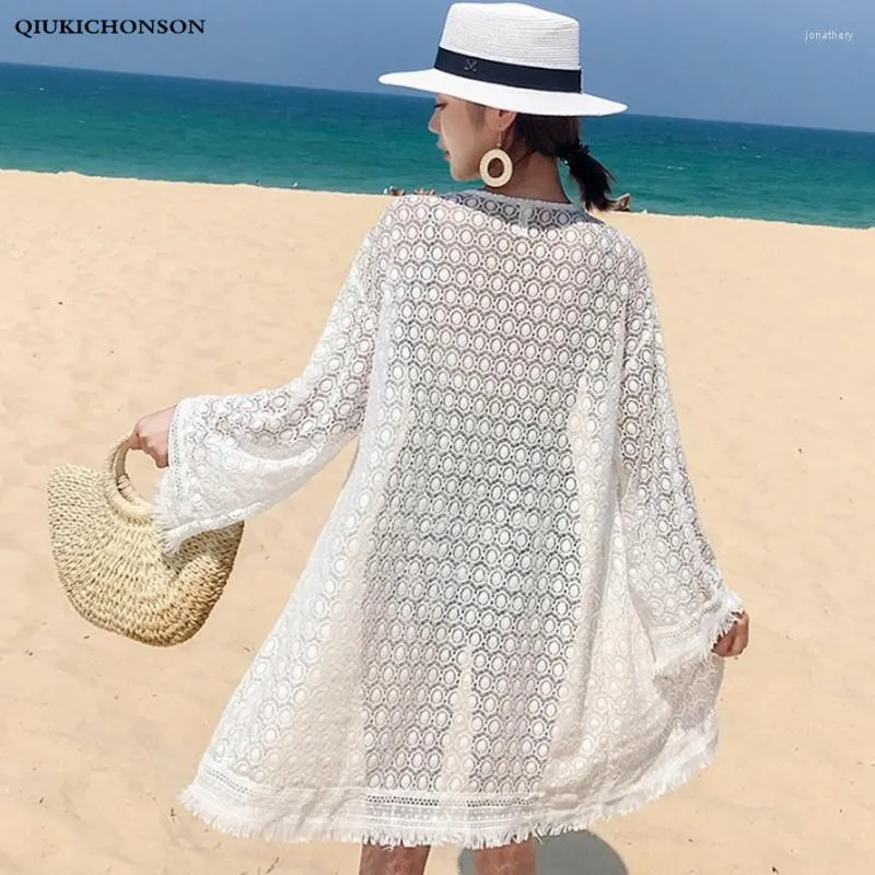 Damenblusen Damen Lange Sommer Strickjacke Spitzenoberteil Damen Sieben Ärmel Aushöhlen Gehäkelte Polka Dot Bluse Sonnenfester Bohemian Beach Kimono