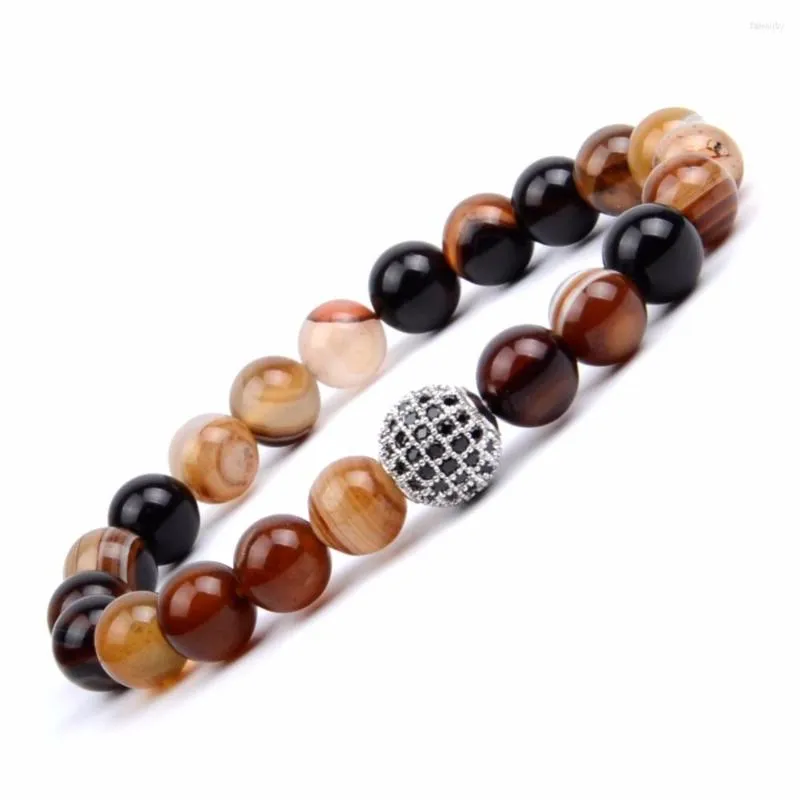 Strand Charms Bracciali Uomo Pave CZ Disco Ball Pietra naturale Caffè Stripe Agate Perline Per regalo di gioielli da donna