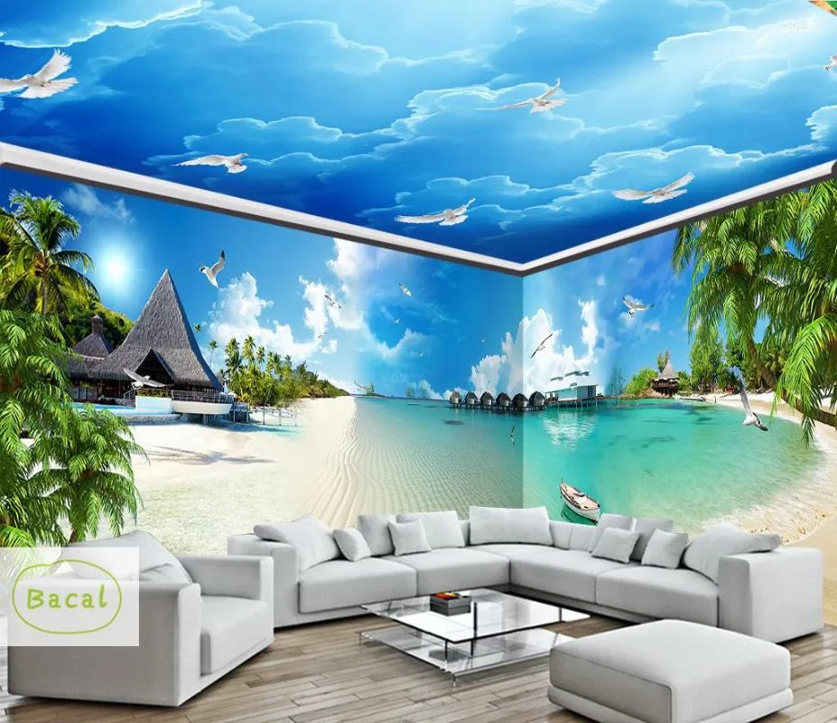 Fonds d'écran Bacal Personnalisé Grand Plafond Zénith Mural Papier Peint 3D Stéréo Bleu Ciel Mer Soleil Plage Mur Nature Po