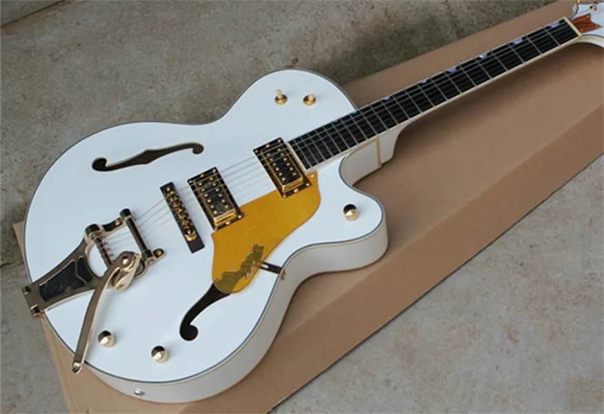 White Falcon Jazz Electric Guitar G 6120 Semi Hollow Body Ebony Bony Korean Imperial Tuners Gold Sparkle Binding Golden Hardware