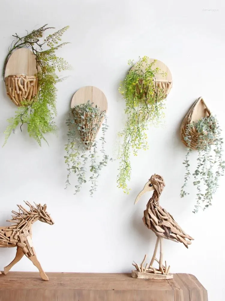 Vases en bois faits à la main, dispositif de fleurs, demi-vase mural, panier suspendu, pot de décoration créatif simple