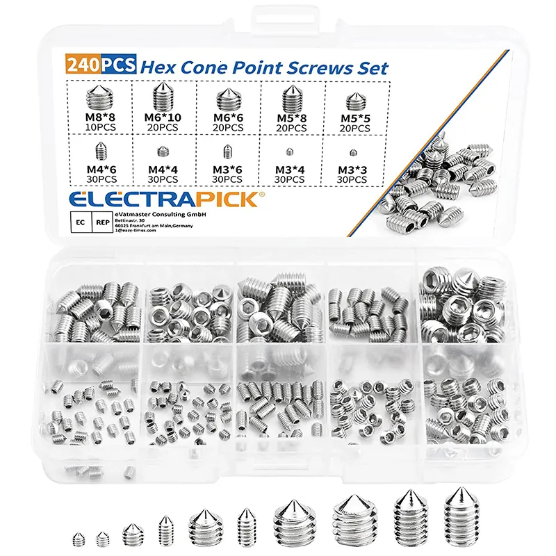 Verktygsdelar Electrapick 240st Hex Hexagon Socket Set Skruvkotte Grub Skruv avsmalnande ände Huvudlös bult M3 M4 M5 M6 M8 230419