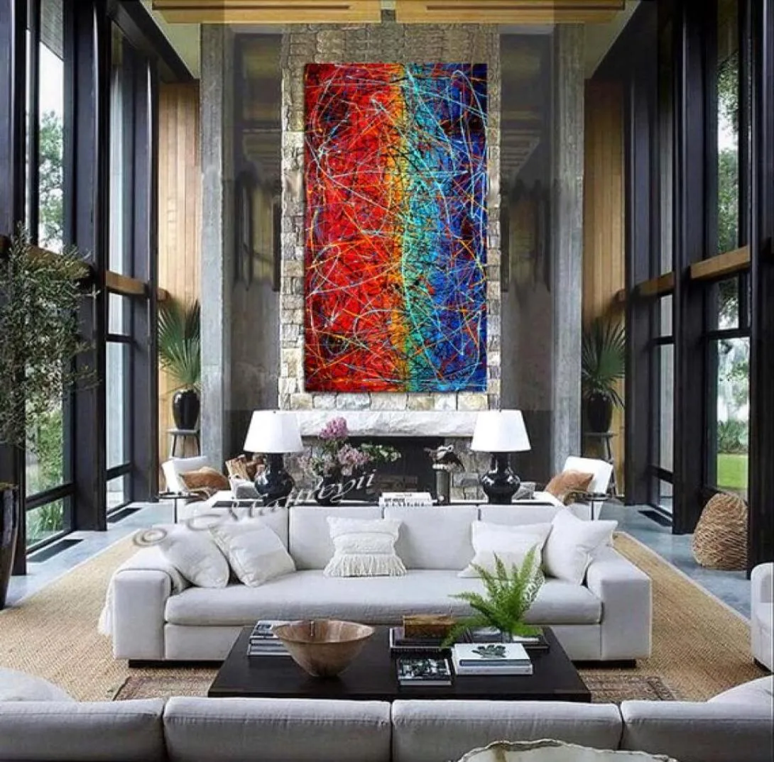 Jackson Pollock Style kroplowe sztuka niebieskie czerwone malarstwo Extra duże malarstwo olejne O Canvas Modern Wall Artwork Oversize Art Style 4277063