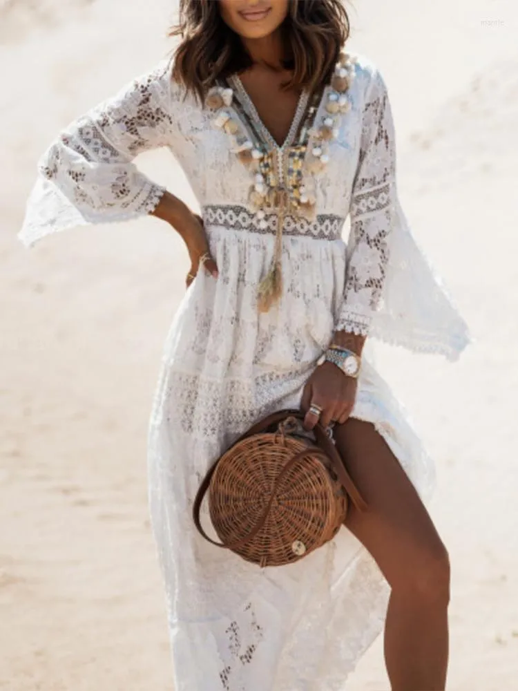Abito Estivo Donna Boho Con Tasche | Scollo A V E Stampa Floreale | Midi Senza Maniche