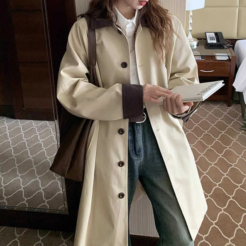 Trench coats femininos contraste meados de comprimento trench coat para o outono novo estilo design estilo leite usar manga comprida roupas femininas