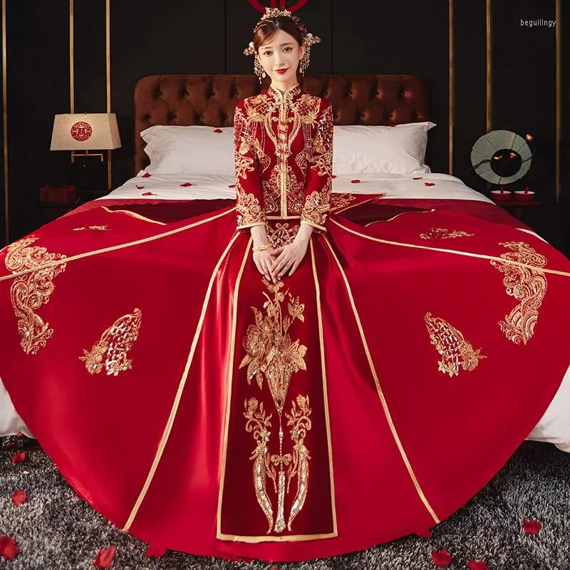Ethnic Clothing FZSLCYIYI Sequins Beaded Embroidery Burgundy Velour Chinese Bride Bridegroom Wedding Dress Cheongsam Elegant Marriage Qipao