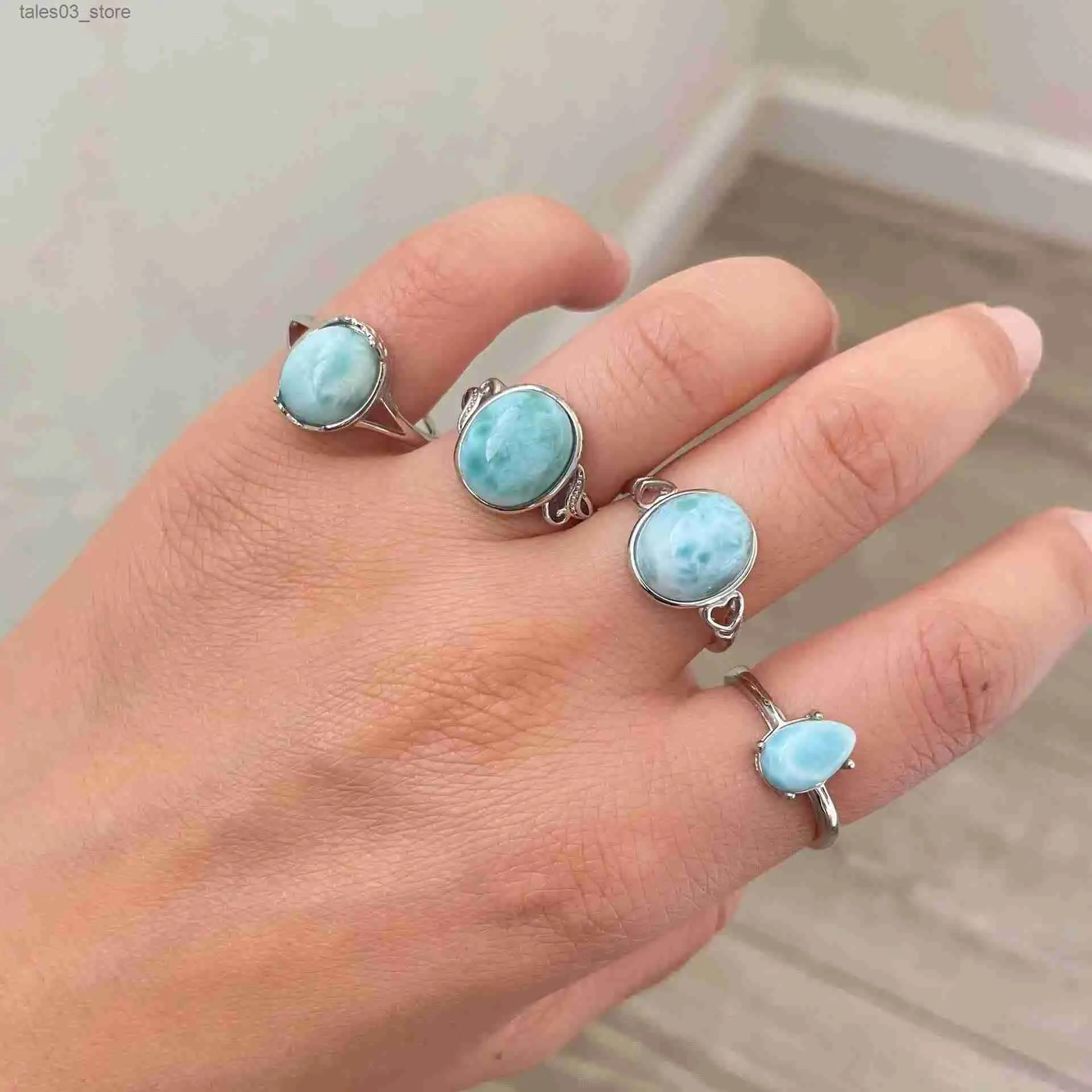 Alyans Nature Larimar 925 STERLING Gümüş Yüzük Ayarlanabilir Nişan Rodyum Kadın Yıldönümü için Kaplama Q231120