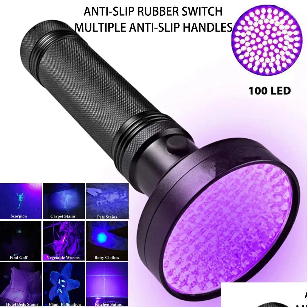 Gadgets extérieurs Gadgets extérieurs Lampe de poche Uv 21 51 100 Lumière LED 395Nm Lampes de poche Torche traviolette Détecteur noir pour animaux secs Urine Dhs6E