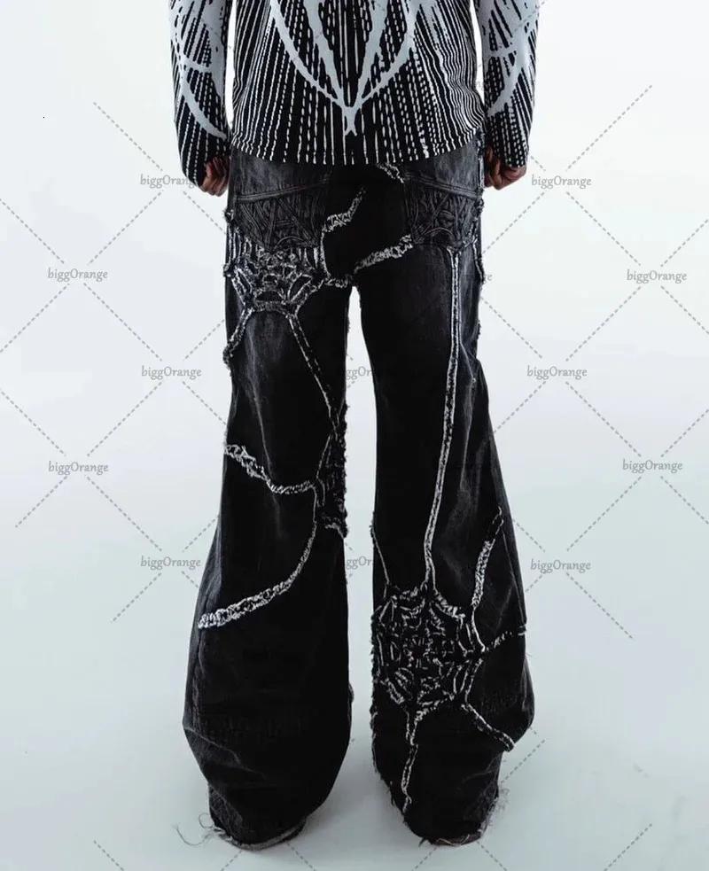 Мужские джинсы Американские модные широкие брюки в полоску с паутиной в полоску мужские Y2K Свободные широкие брюки прямого кроя с высокой талией в готическом стиле 231120