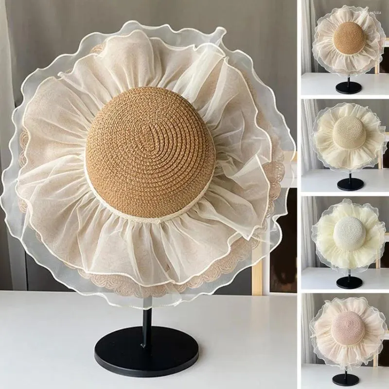 Wide Brim Hats Stylish Straw Hat Elastic Rope Sun Protection Solid Color Floppy Braided Basin