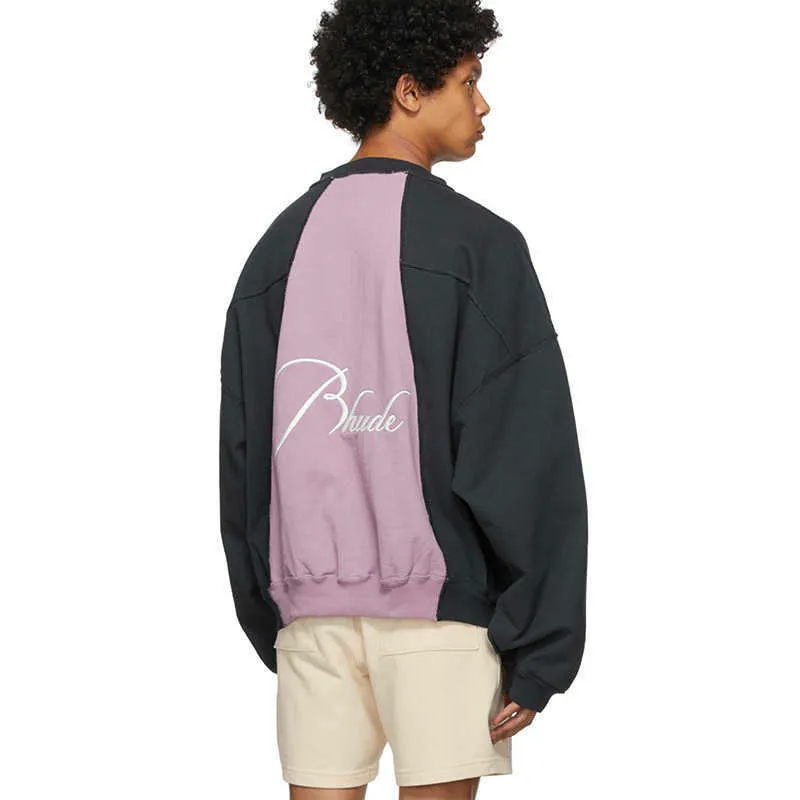 デザイナー服パーカーファッションスウェット Rhude デザイントレンディなブランドレター刺繍コントラストカラーパッチワークルーズセーターストリートプルオーバージャケット