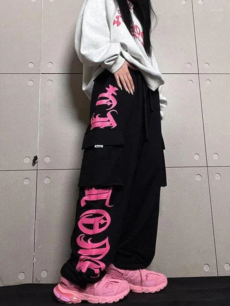 Spodnie damskie houzhou y2k cargo kobiety retro różowe printowane spodnie kobiety osobowość ulica hip hop luźne swobodne tańce sportowe harajuku
