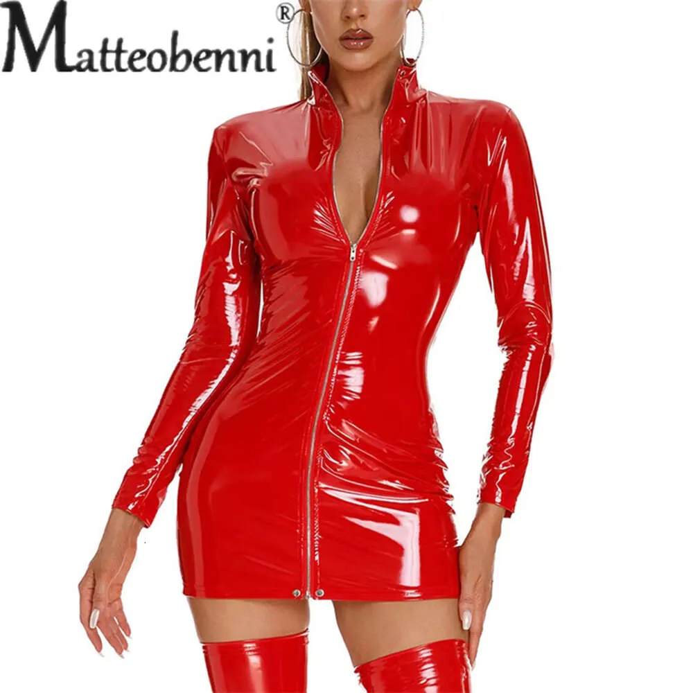 Sexy Serré Brillant PVC Lingerie Robes Érotiques Femmes S Manches Longues Fermeture Éclair Cardigan Maigre Stretch Habillé Dames Discothèque Clubwear