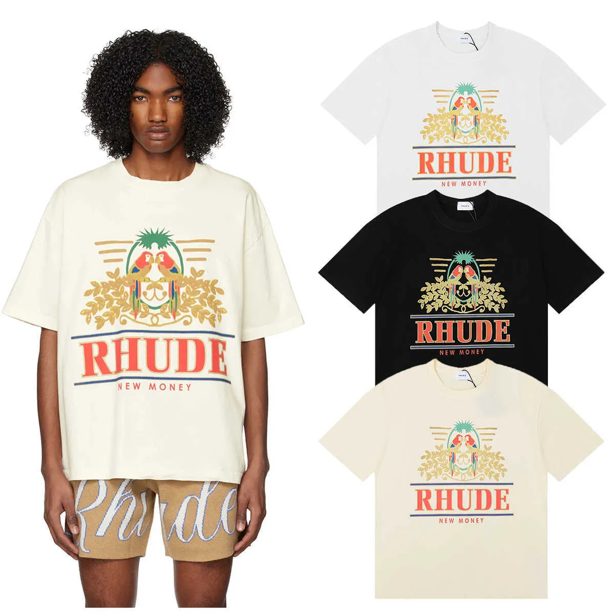 Designer Mode Kleding T-shirts Hiphop T-shirts Rhude Parkiet Long Tailed Parrot Print Base T-shirt American Casual Heren Dames Katoen Korte mouw Losvallend Streetwear
