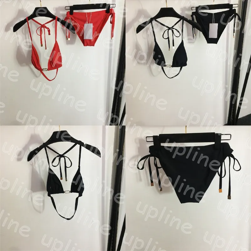 Sexy Women Bikini Set Metal Letter Lace Up Thong Swimwear Summer Holiday Swim Bathing Suit Designer Halter Biquinis