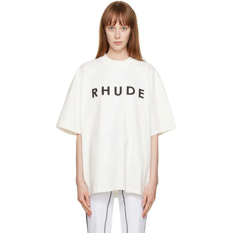 Tasarımcı Moda Giyim Tees Hip hop Tişörtleri Rhude American High Street Simple Slogan Print Loose Oversize T-shirt erkek kadın Streetwear Spor Giyim Tops