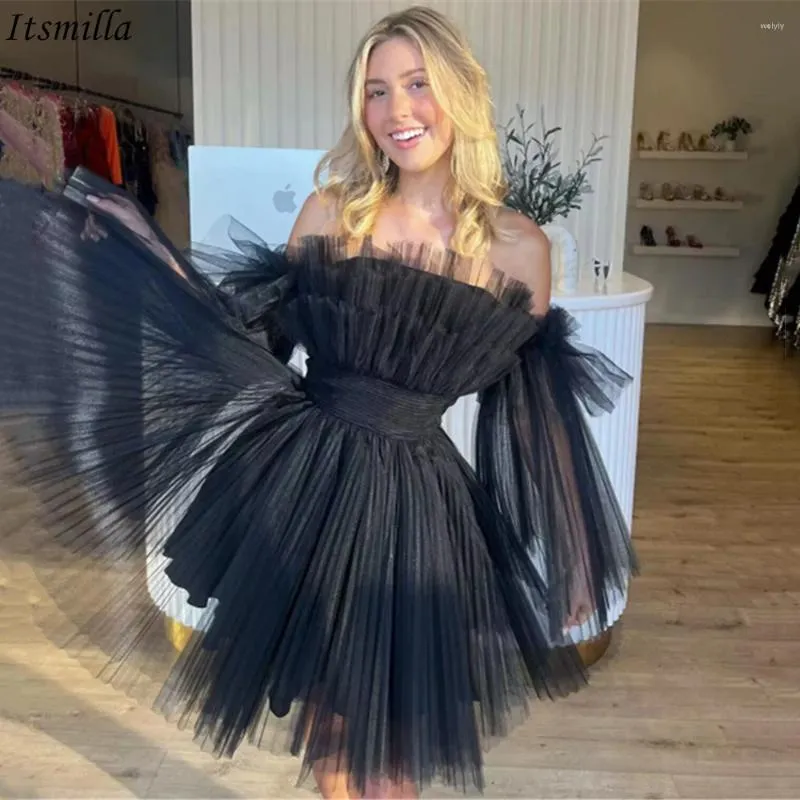 Party Dresses Itsmilla Short Black Tulle A-line Homecoming With Long Sleeves Strapless Elegant Pleats Frilly Vestidos De Coquetel Prom