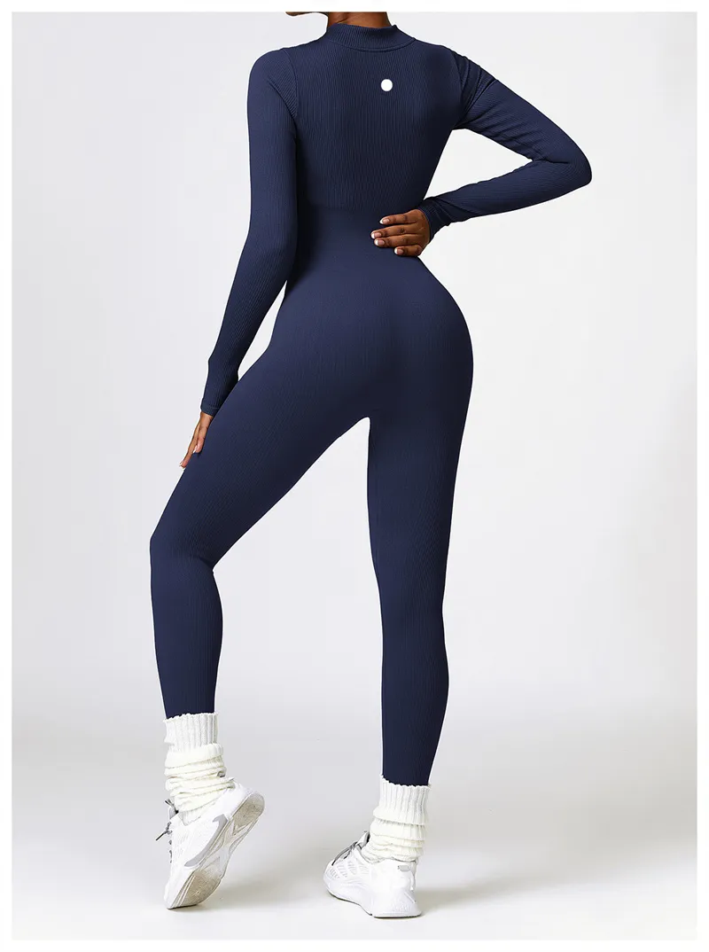 LL-6953 Womens Jumpsuits Yoga Outfits Long Sleeve Close-fitting Dance Jumpsuit Long Pants Breathable Leggings Screw Thread Material