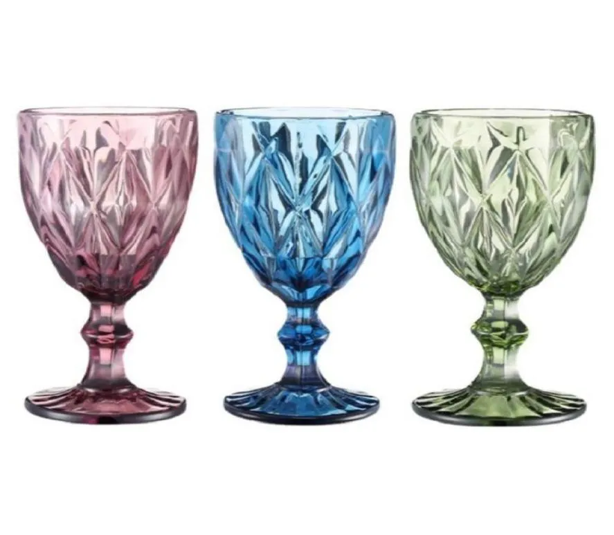 Copos de vinho 10oz, copo de vidro colorido com haste 300ml, padrão vintage, aparelho de bebidas romântico em relevo para festa de casamento9258430