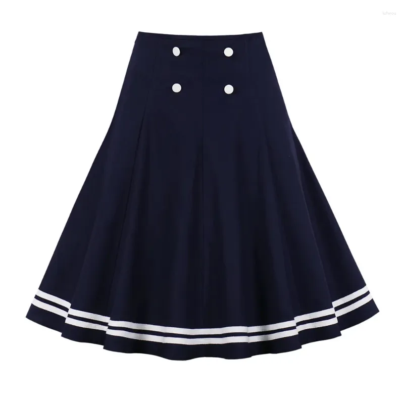 Skirts Women Retro Navy Style Skirt High Waist Double-Breasted Full Circle Elegant A-Line Student Cute Casual Female Bottom