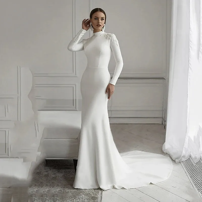 2024 Простое кружевное свадебное платье русалки с длинным рукавом и высоким воротом, мусульманские платья невесты, атласные свадебные платья, Vestido De Noiva