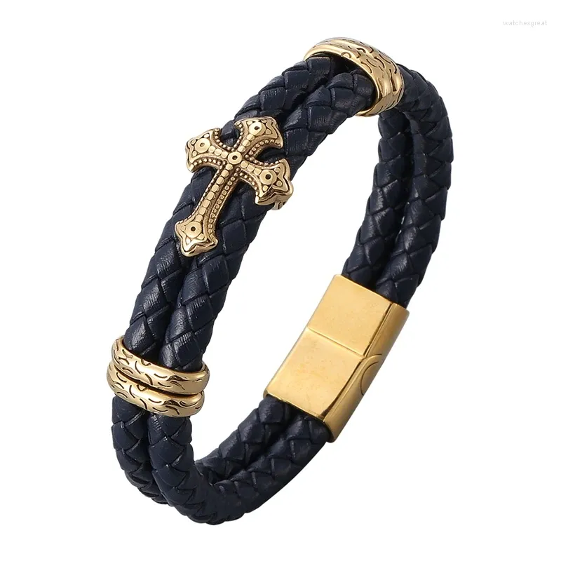 Bracelets de charme Mode en acier inoxydable magnétique hommes croix Bracelet bleu véritable cuir tressé Punk bracelets bijoux accessoires PD1028