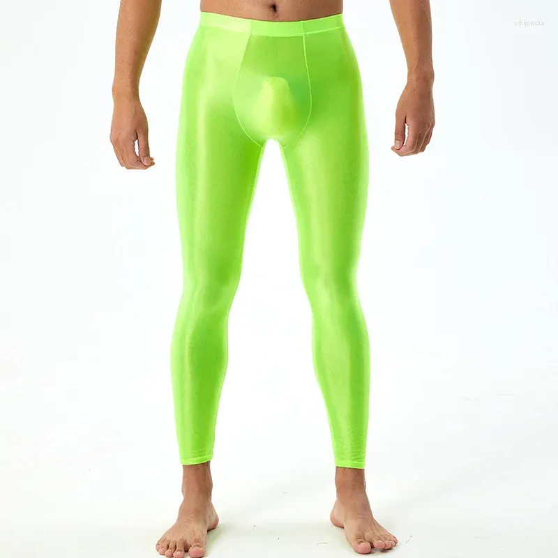 Pantaloni da uomo Leggings in tinta unita lucidi Cintura elastica attillati Yoga Sport Corsa Fitness Taglia lunga
