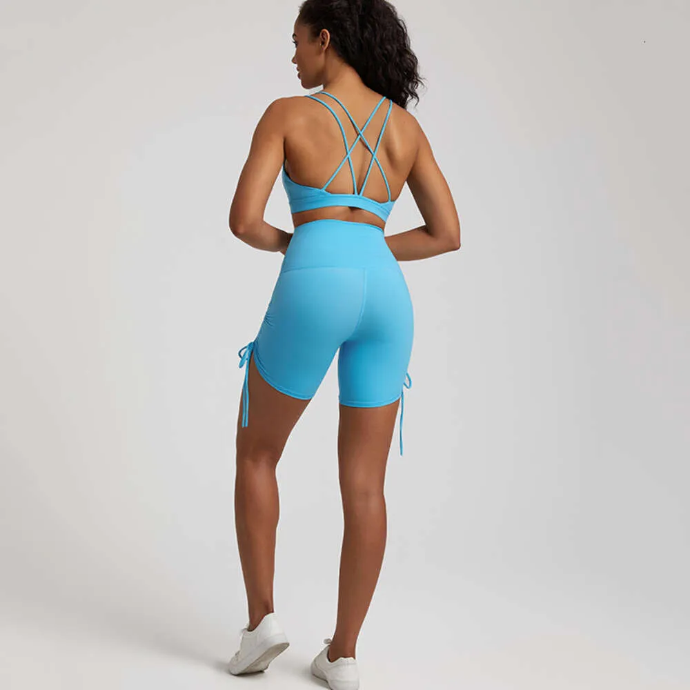 Lu Align Damen-Sport-Outfits, einfarbig, nahtlos, Fitnessstudio, Zitronen-Set, Trainingskleidung, 2-teiliger Fitness-Anzug, BH-Oberteil mit überkreuztem Rücken und Shorts mit hoher Taille, Lemon Lady Gry, Sport-Mädchen