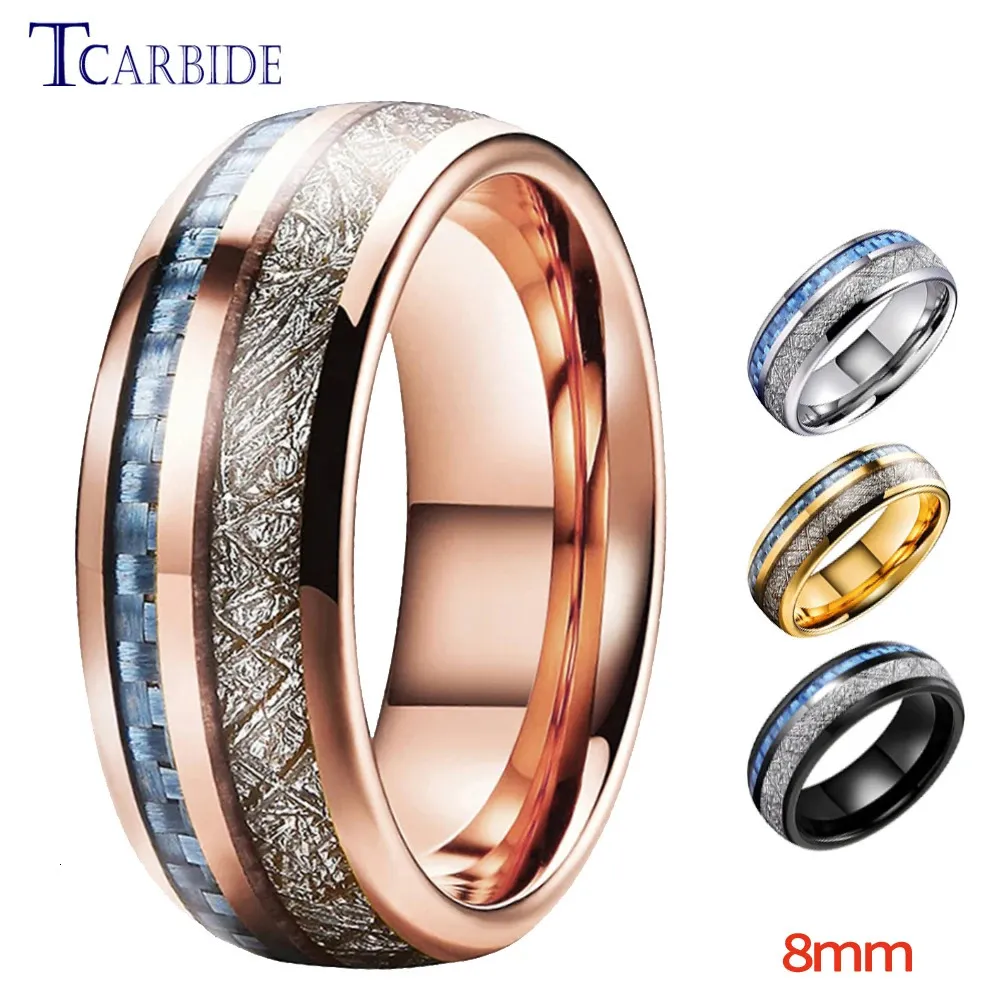 Anneaux de bande 8MM hommes femmes anneaux de mariage en tungstène avec fibre de carbone bleue et incrustation de météorite blanche confort Fit 231118