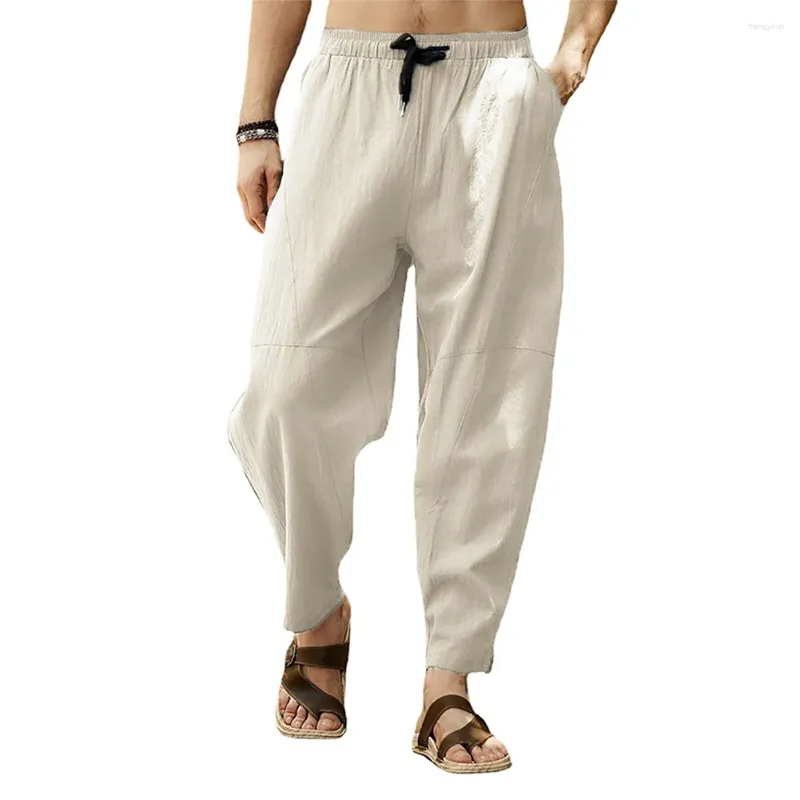 Men's Pants Cotton Linen Drawstring Lantern Leggings Joggers Casual Elastic Waist Loose Yoga Harem Trousers Solid