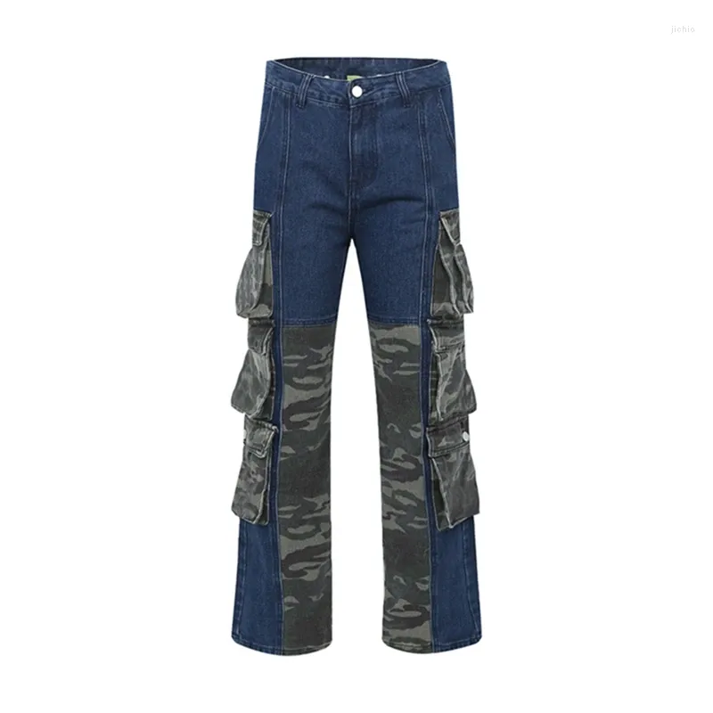 Jeans pour hommes Streetwear Y2K Camouflage Patchwork droit pour hommes multi-poches décontracté Baggy Cargo pantalon surdimensionné Denim pantalon