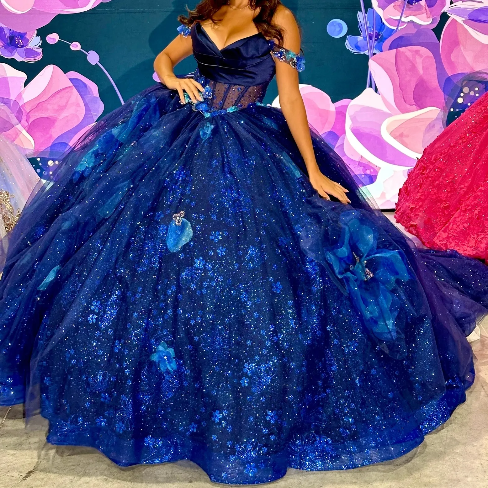 Midnight Quinceanera Dress 3D Flowers Charro Mexican Glitter Tulle